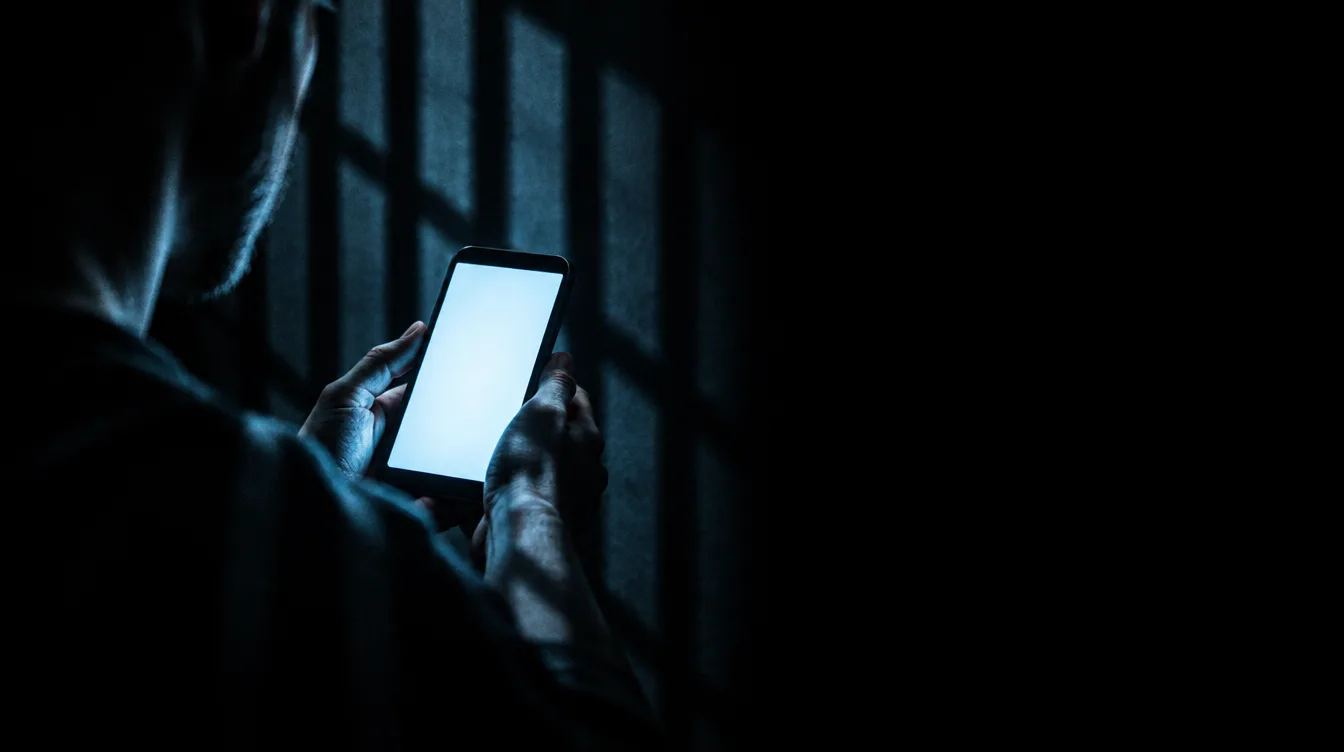 Mãos segurando um celular aceso no escuro, com sombra de grades