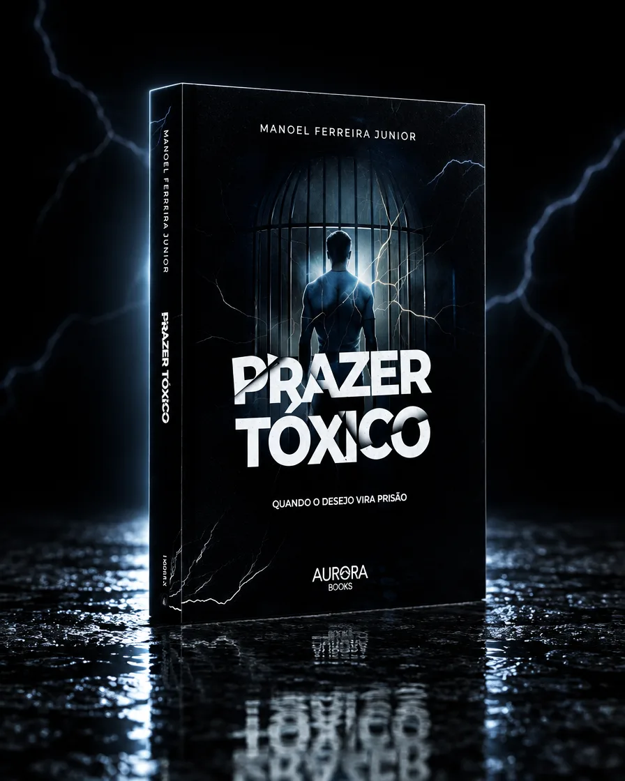 O livro Prazer Tóxico em pé sobre uma pedra molhada, com luz azul por trás