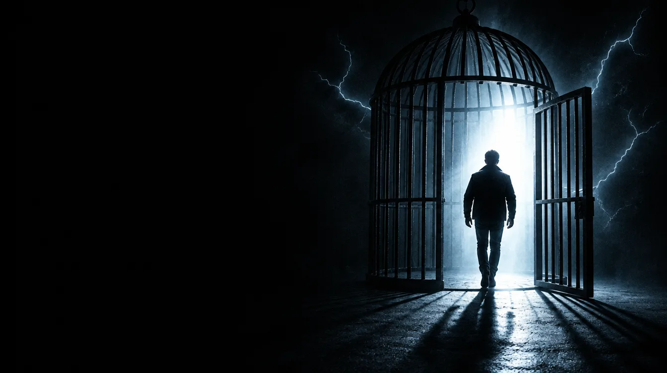 Um homem de costas saindo de uma cela aberta em direção à luz